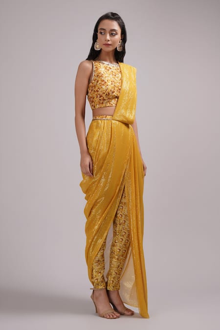 Buy_Breathe By Aakanksha Singh_Yellow Cotton, Georgette Lace Printed Pant Cowl Saree Set With Blouse _Online_at_Aza_Fashions