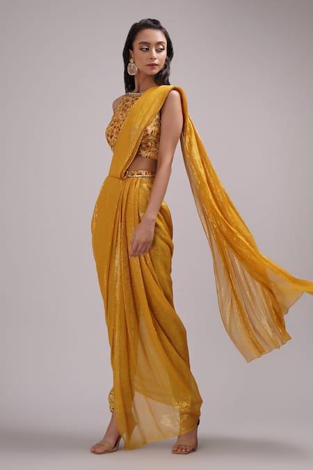 Shop_Breathe By Aakanksha Singh_Yellow Cotton, Georgette Lace Printed Pant Cowl Saree Set With Blouse _Online_at_Aza_Fashions