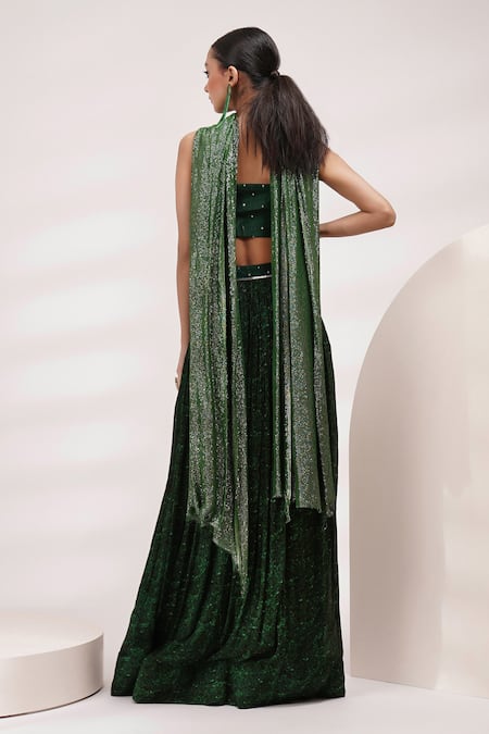 Shop Breathe By Aakanksha Singh Green Silk, Chiffon Sequins Scoop Neck Lantana Floral Print Pleated Skirt Set at Aza Fashions Shop_Breathe By Aakanksha Singh_Green Silk, Chiffon Sequins Scoop Neck Lantana Floral Print Pleated Skirt Set _at_Aza_Fashions