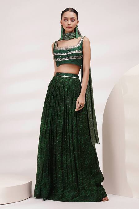 Breathe By Aakanksha Singh Green Silk, Chiffon Sequins Scoop Neck Lantana Floral Print Pleated Skirt Set Online at Aza Fashions Breathe By Aakanksha Singh_Green Silk, Chiffon Sequins Scoop Neck Lantana Floral Print Pleated Skirt Set _Online_at_Aza_Fashions