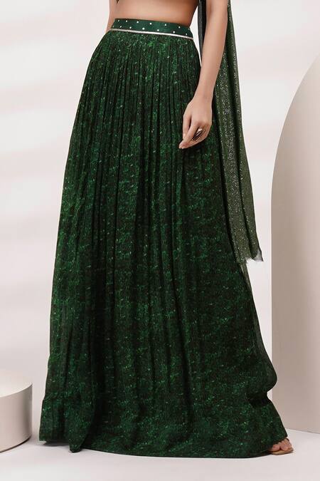 Shop Breathe By Aakanksha Singh Green Silk, Chiffon Sequins Scoop Neck Lantana Floral Print Pleated Skirt Set Online at Aza Fashions Shop_Breathe By Aakanksha Singh_Green Silk, Chiffon Sequins Scoop Neck Lantana Floral Print Pleated Skirt Set _Online_at_Aza_Fashions