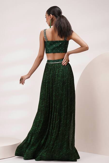 Breathe By Aakanksha Singh Green Silk, Chiffon Sequins Scoop Neck Lantana Floral Print Pleated Skirt Set at Aza Fashions Breathe By Aakanksha Singh_Green Silk, Chiffon Sequins Scoop Neck Lantana Floral Print Pleated Skirt Set _at_Aza_Fashions