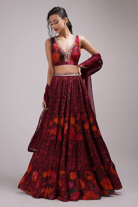 Breathe by Aakanksha Singh Wine Upada Silk Printed Floral Latica Pleated Lehenga Set For Kids