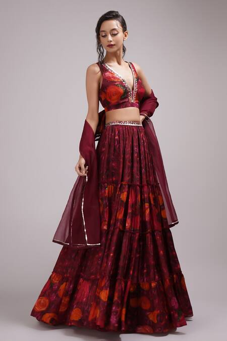 Breathe By Aakanksha Singh_Wine Organza, Satin, Silk, Latica Floral Print Pleated Lehenga Set _Online_at_Aza_Fashions