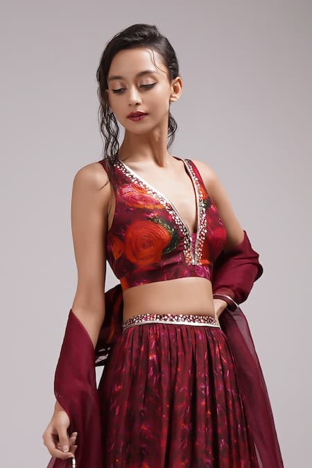 Buy_Breathe By Aakanksha Singh_Wine Organza, Satin, Silk, Latica Floral Print Pleated Lehenga Set _Online_at_Aza_Fashions