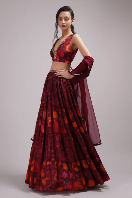 Shop_Breathe By Aakanksha Singh_Wine Organza, Satin, Silk, Latica Floral Print Pleated Lehenga Set _Online_at_Aza_Fashions