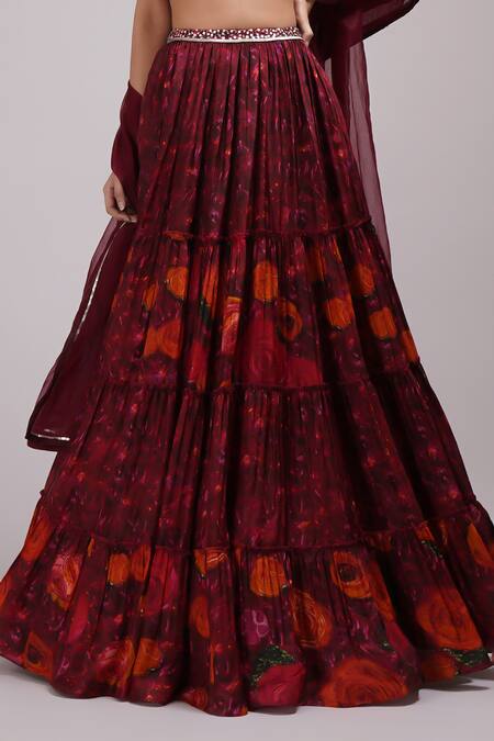 Breathe By Aakanksha Singh_Wine Organza, Satin, Silk, Latica Floral Print Pleated Lehenga Set _at_Aza_Fashions