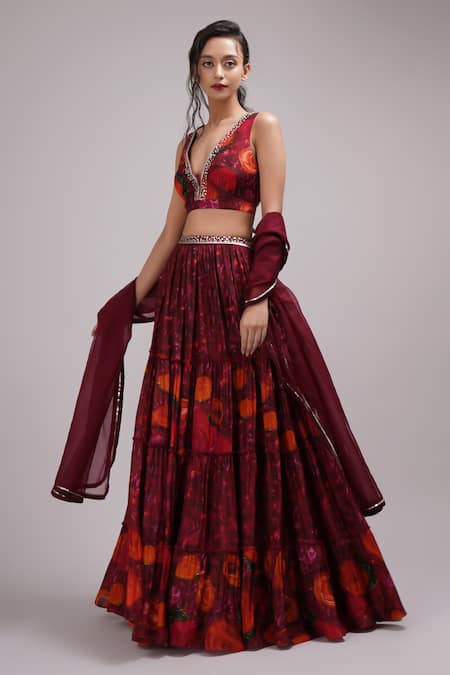 Buy_Breathe By Aakanksha Singh_Wine Organza, Satin, Silk, Latica Floral Print Pleated Lehenga Set 