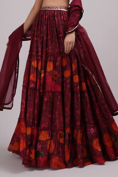 Shop_Breathe By Aakanksha Singh_Wine Organza, Satin, Silk, Latica Floral Print Pleated Lehenga Set 