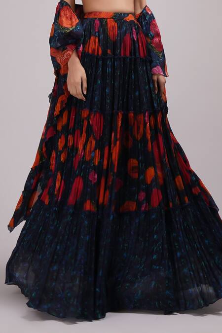 Buy Breathe By Aakanksha Singh Blue Satin, Silk, Chiffon, Cotton Sequins Square Rose Print Tiered Lehenga Set Online at Aza Fashions Buy_Breathe By Aakanksha Singh_Blue Satin, Silk, Chiffon, Cotton Sequins Square Rose Print Tiered Lehenga Set _Online_at_Aza_Fashions