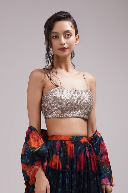 Shop Breathe By Aakanksha Singh Blue Satin, Silk, Chiffon, Cotton Sequins Square Rose Print Tiered Lehenga Set Online at Aza Fashions Shop_Breathe By Aakanksha Singh_Blue Satin, Silk, Chiffon, Cotton Sequins Square Rose Print Tiered Lehenga Set _Online_at_Aza_Fashions