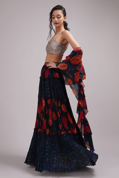 Breathe By Aakanksha Singh Blue Satin, Silk, Chiffon, Cotton Sequins Square Rose Print Tiered Lehenga Set at Aza Fashions Breathe By Aakanksha Singh_Blue Satin, Silk, Chiffon, Cotton Sequins Square Rose Print Tiered Lehenga Set _at_Aza_Fashions