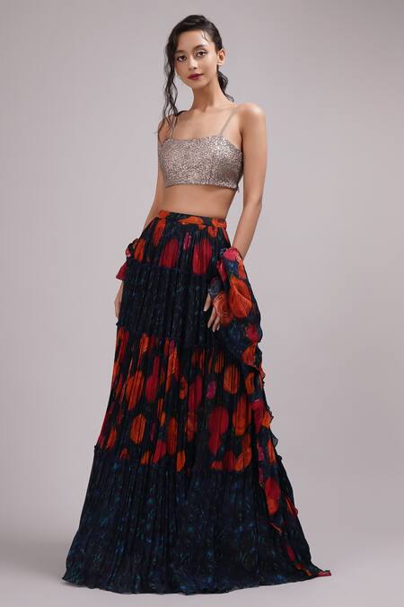 Buy Breathe By Aakanksha Singh Blue Satin, Silk, Chiffon, Cotton Sequins Square Rose Print Tiered Lehenga Set Buy_Breathe By Aakanksha Singh_Blue Satin, Silk, Chiffon, Cotton Sequins Square Rose Print Tiered Lehenga Set