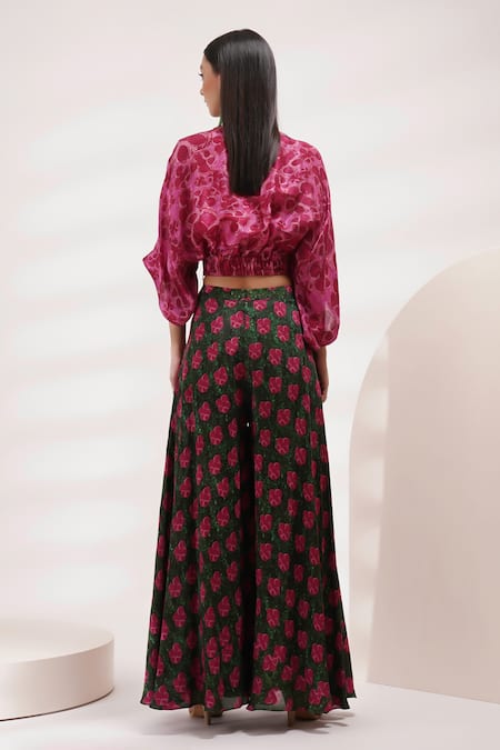 Shop Breathe By Aakanksha Singh Pink Cotton, Silk, Voile Embroidery, Sequins V-neck Leaf Print Top And Sharara Set at Aza Fashions Shop_Breathe By Aakanksha Singh_Pink Cotton, Silk, Voile Embroidery, Sequins V-neck Leaf Print Top And Sharara Set _at_Aza_Fashions