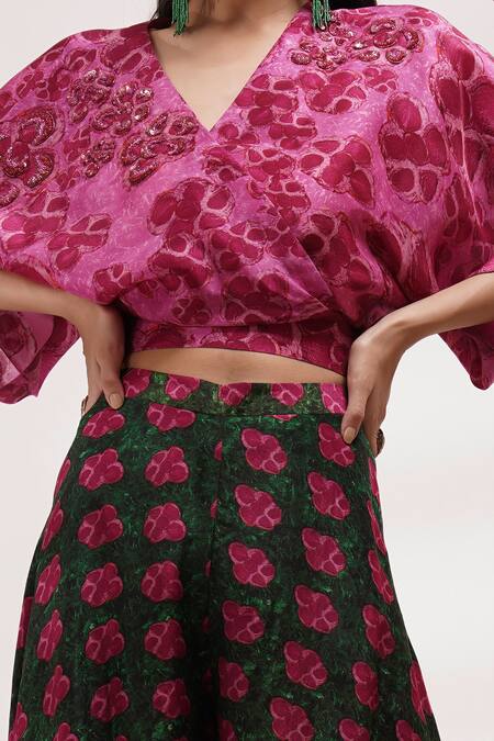 Breathe By Aakanksha Singh Pink Cotton, Silk, Voile Embroidery, Sequins V-neck Leaf Print Top And Sharara Set Online at Aza Fashions Breathe By Aakanksha Singh_Pink Cotton, Silk, Voile Embroidery, Sequins V-neck Leaf Print Top And Sharara Set _Online_at_Aza_Fashions