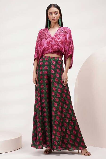 Buy Breathe By Aakanksha Singh Pink Cotton, Silk, Voile Embroidery, Sequins V-neck Leaf Print Top And Sharara Set Online at Aza Fashions Buy_Breathe By Aakanksha Singh_Pink Cotton, Silk, Voile Embroidery, Sequins V-neck Leaf Print Top And Sharara Set _Online_at_Aza_Fashions