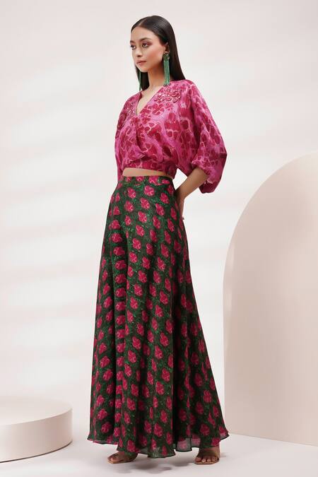 Breathe By Aakanksha Singh Pink Cotton, Silk, Voile Embroidery, Sequins V-neck Leaf Print Top And Sharara Set at Aza Fashions Breathe By Aakanksha Singh_Pink Cotton, Silk, Voile Embroidery, Sequins V-neck Leaf Print Top And Sharara Set _at_Aza_Fashions