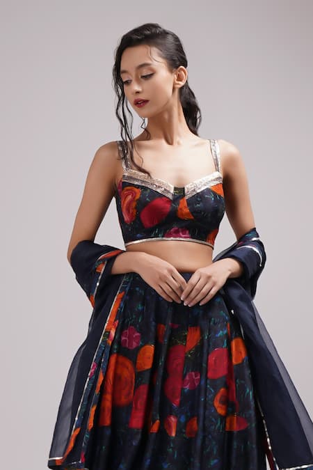 Breathe By Aakanksha Singh_Blue Organza, Silk Sequins, Embroidery Linnea Flower Print Lehenga Set For Kids_Online_at_Aza_Fashions