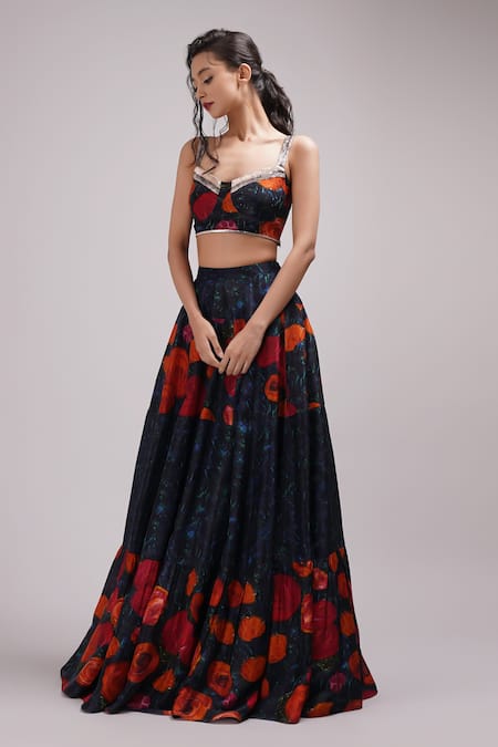 Buy_Breathe By Aakanksha Singh_Blue Organza, Silk Sequins, Embroidery Linnea Flower Print Lehenga Set For Kids_Online_at_Aza_Fashions