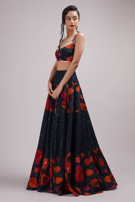 Buy_Breathe By Aakanksha Singh_Blue Organza, Silk Sequins, Embroidery Linnea Flower Print Lehenga Set For Kids