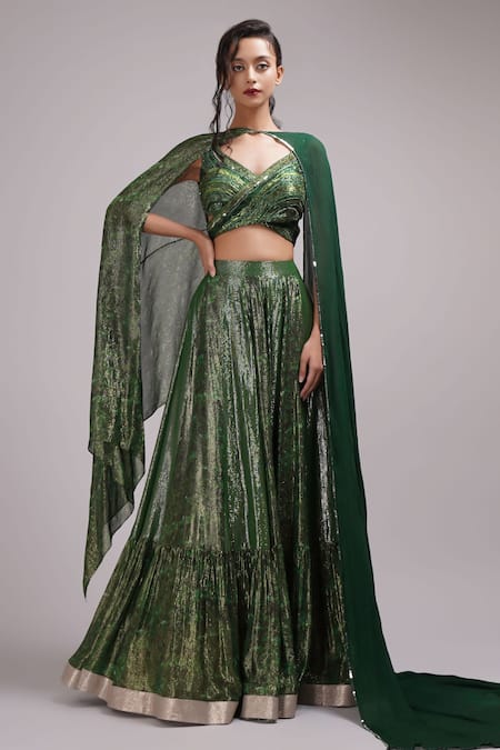 Breathe by Aakanksha Singh Green Upada Silk Embroidery Shimmer V Neck Madelief Lehenga Set With Cape