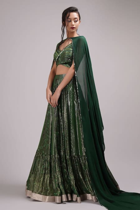 Breathe By Aakanksha Singh_Green Brocade, Georgette Cut Madelief Shimmer Embroidered Lehenga Set With Cape _Online_at_Aza_Fashions