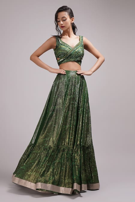 Shop_Breathe By Aakanksha Singh_Green Brocade, Georgette Cut Madelief Shimmer Embroidered Lehenga Set With Cape _Online_at_Aza_Fashions