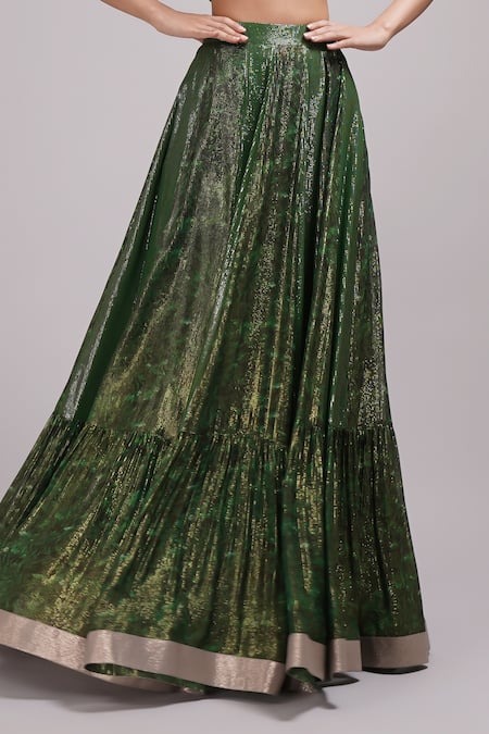 Breathe By Aakanksha Singh_Green Brocade, Georgette Cut Madelief Shimmer Embroidered Lehenga Set With Cape _at_Aza_Fashions