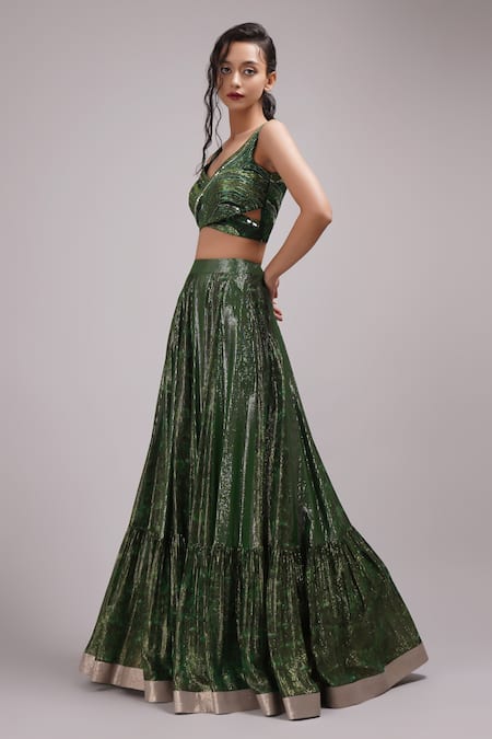 Buy_Breathe By Aakanksha Singh_Green Brocade, Georgette Cut Madelief Shimmer Embroidered Lehenga Set With Cape 
