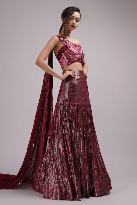 Breathe by Aakanksha Singh Wine Upada Silk Embroidery Sequin Asymmetric Manuka Blouse And Lehenga Set