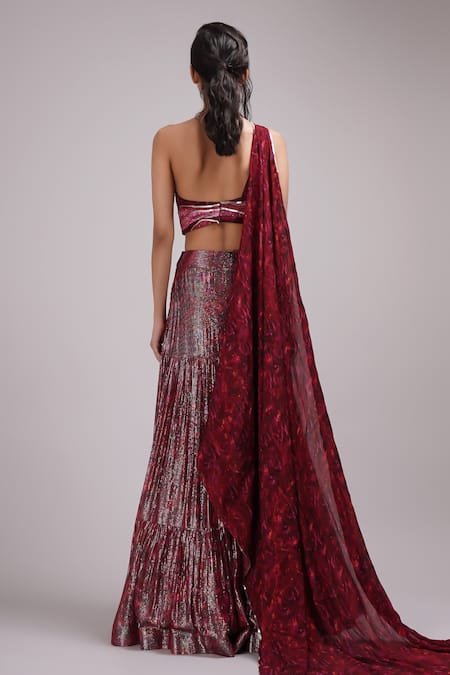 Shop_Breathe By Aakanksha Singh_Wine Georgette, Silk Sequins, Cut Work Manuka Embroidered Blouse And Lehenga Set _at_Aza_Fashions