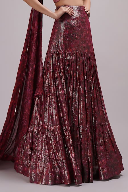 Breathe By Aakanksha Singh_Wine Georgette, Silk Sequins, Cut Work Manuka Embroidered Blouse And Lehenga Set _Online_at_Aza_Fashions