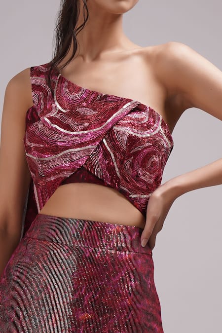 Shop_Breathe By Aakanksha Singh_Wine Georgette, Silk Sequins, Cut Work Manuka Embroidered Blouse And Lehenga Set _Online_at_Aza_Fashions