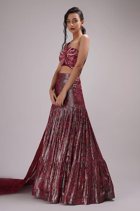 Breathe By Aakanksha Singh_Wine Georgette, Silk Sequins, Cut Work Manuka Embroidered Blouse And Lehenga Set _at_Aza_Fashions