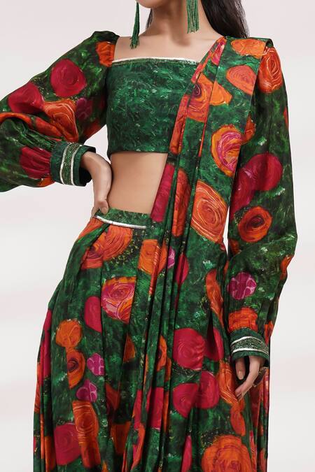 Breathe By Aakanksha Singh Maroon Cotton, Silk Embroidery Marigold Print Dhoti Pant Saree With Blouse Online at Aza Fashions Breathe By Aakanksha Singh_Maroon Cotton, Silk Embroidery Marigold Print Dhoti Pant Saree With Blouse _Online_at_Aza_Fashions