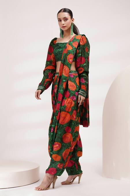 Shop Breathe By Aakanksha Singh Maroon Cotton, Silk Embroidery Marigold Print Dhoti Pant Saree With Blouse Online at Aza Fashions Shop_Breathe By Aakanksha Singh_Maroon Cotton, Silk Embroidery Marigold Print Dhoti Pant Saree With Blouse _Online_at_Aza_Fashions