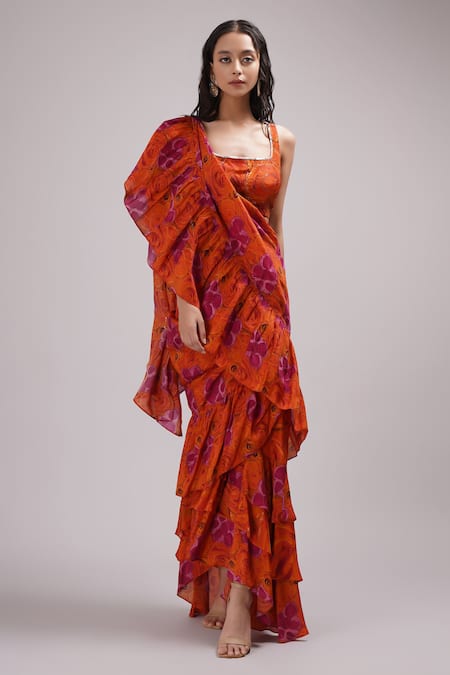 Breathe by Aakanksha Singh Pink Upada Silk Printed Floral Morris Pre-draped Ruffle Saree With Blouse 