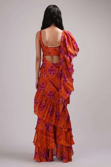 Breathe By Aakanksha Singh Morris Printed Pre-Draped Ruffle Saree With Blouse 