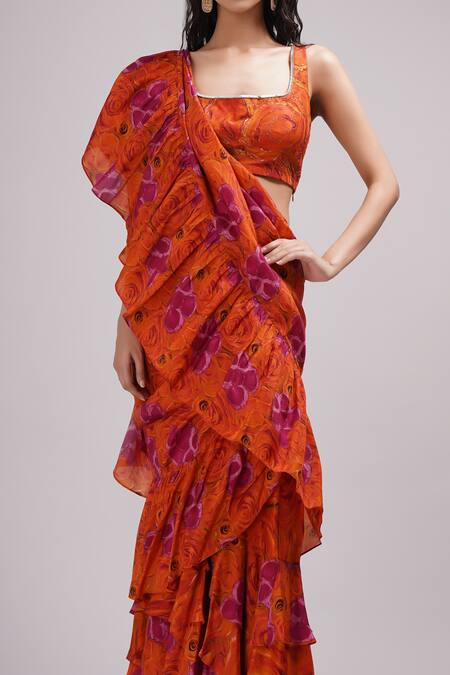 Breathe By Aakanksha Singh Pink Cotton, Silk Embroidery Morris Printed Pre-draped Ruffle Saree With Blouse Online at Aza Fashions Breathe By Aakanksha Singh_Pink Cotton, Silk Embroidery Morris Printed Pre-draped Ruffle Saree With Blouse _Online_at_Aza_Fashions