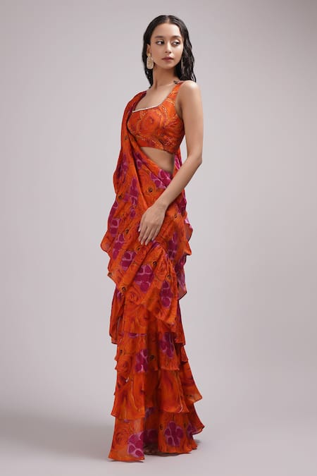 Buy Breathe By Aakanksha Singh Pink Cotton, Silk Embroidery Morris Printed Pre-draped Ruffle Saree With Blouse Online at Aza Fashions Buy_Breathe By Aakanksha Singh_Pink Cotton, Silk Embroidery Morris Printed Pre-draped Ruffle Saree With Blouse _Online_at_Aza_Fashions