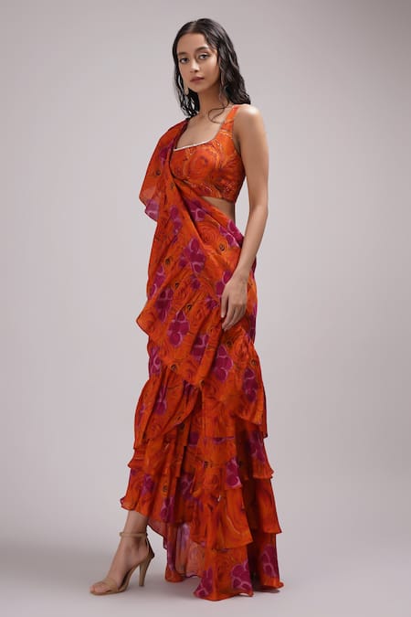 Shop Breathe By Aakanksha Singh Pink Cotton, Silk Embroidery Morris Printed Pre-draped Ruffle Saree With Blouse Online at Aza Fashions Shop_Breathe By Aakanksha Singh_Pink Cotton, Silk Embroidery Morris Printed Pre-draped Ruffle Saree With Blouse _Online_at_Aza_Fashions