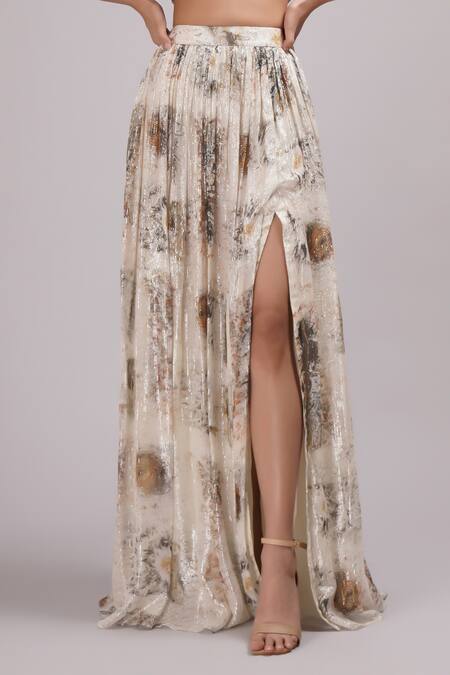 Breathe By Aakanksha Singh_Off White Brocade, Georgette, Net Embroidery Myrtle Blouse And Skirt Set _at_Aza_Fashions