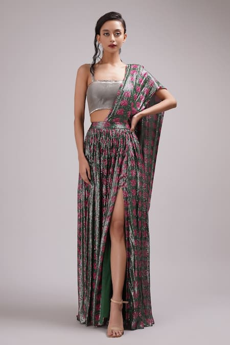 Breathe by Aakanksha Singh Multi Color Upada Silk Printed Floral Square Nanala Skirt Saree With Blouse