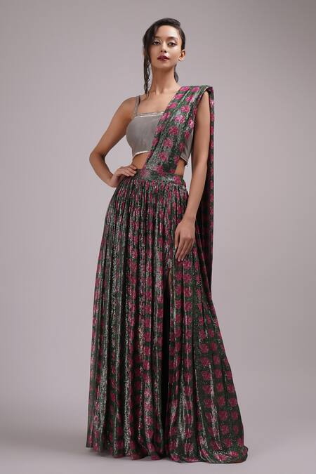 Breathe By Aakanksha Singh Multi Color Organza, Georgette, Silk Nanala Printed Skirt Saree With Blouse Online at Aza Fashions Breathe By Aakanksha Singh_Multi Color Organza, Georgette, Silk Nanala Printed Skirt Saree With Blouse _Online_at_Aza_Fashions