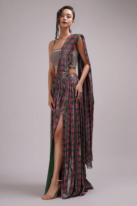 Buy Breathe By Aakanksha Singh Multi Color Organza, Georgette, Silk Nanala Printed Skirt Saree With Blouse Online at Aza Fashions Buy_Breathe By Aakanksha Singh_Multi Color Organza, Georgette, Silk Nanala Printed Skirt Saree With Blouse _Online_at_Aza_Fashions