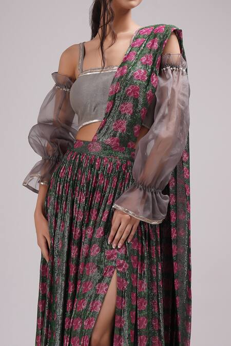 Shop Breathe By Aakanksha Singh Multi Color Organza, Georgette, Silk Nanala Printed Skirt Saree With Blouse Online at Aza Fashions Shop_Breathe By Aakanksha Singh_Multi Color Organza, Georgette, Silk Nanala Printed Skirt Saree With Blouse _Online_at_Aza_Fashions