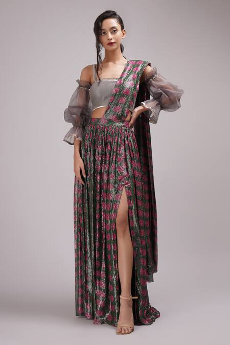 Breathe By Aakanksha Singh Multi Color Organza, Georgette, Silk Nanala Printed Skirt Saree With Blouse at Aza Fashions Breathe By Aakanksha Singh_Multi Color Organza, Georgette, Silk Nanala Printed Skirt Saree With Blouse _at_Aza_Fashions