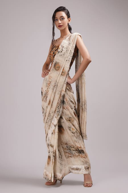 Breathe by Aakanksha Singh Off White Upada Silk Printed Abstract Nasrin Pre-pleated Saree With Blouse