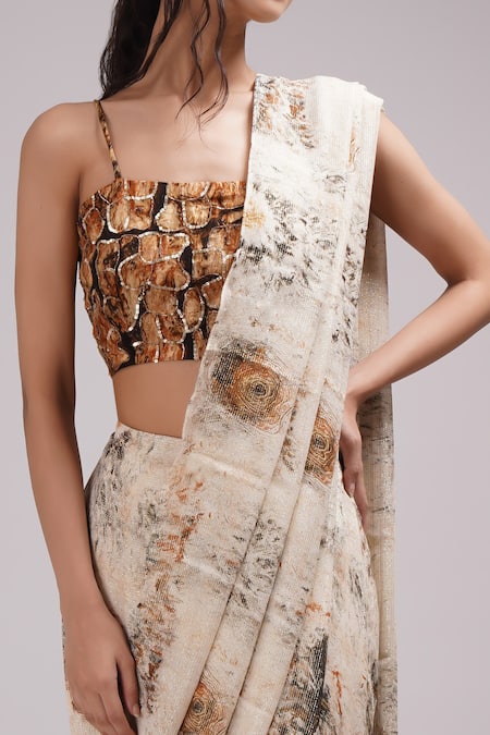 Breathe By Aakanksha Singh_Off White Georgette, Silk Square Nasrin Printed Pre-pleated Saree With Blouse _Online_at_Aza_Fashions