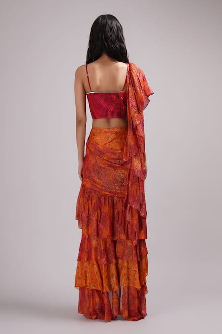 Breathe By Aakanksha Singh Pansy Floral Print Draped Ruffle Saree With Blouse 